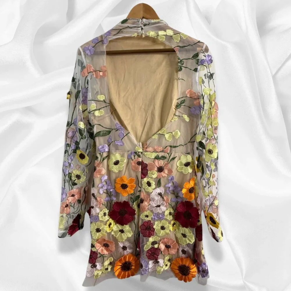 Inspired by Taylor Swift's Floral Appliqué Grammy Dress! Boho Mini Fairycore SM - Picture 9 of 16